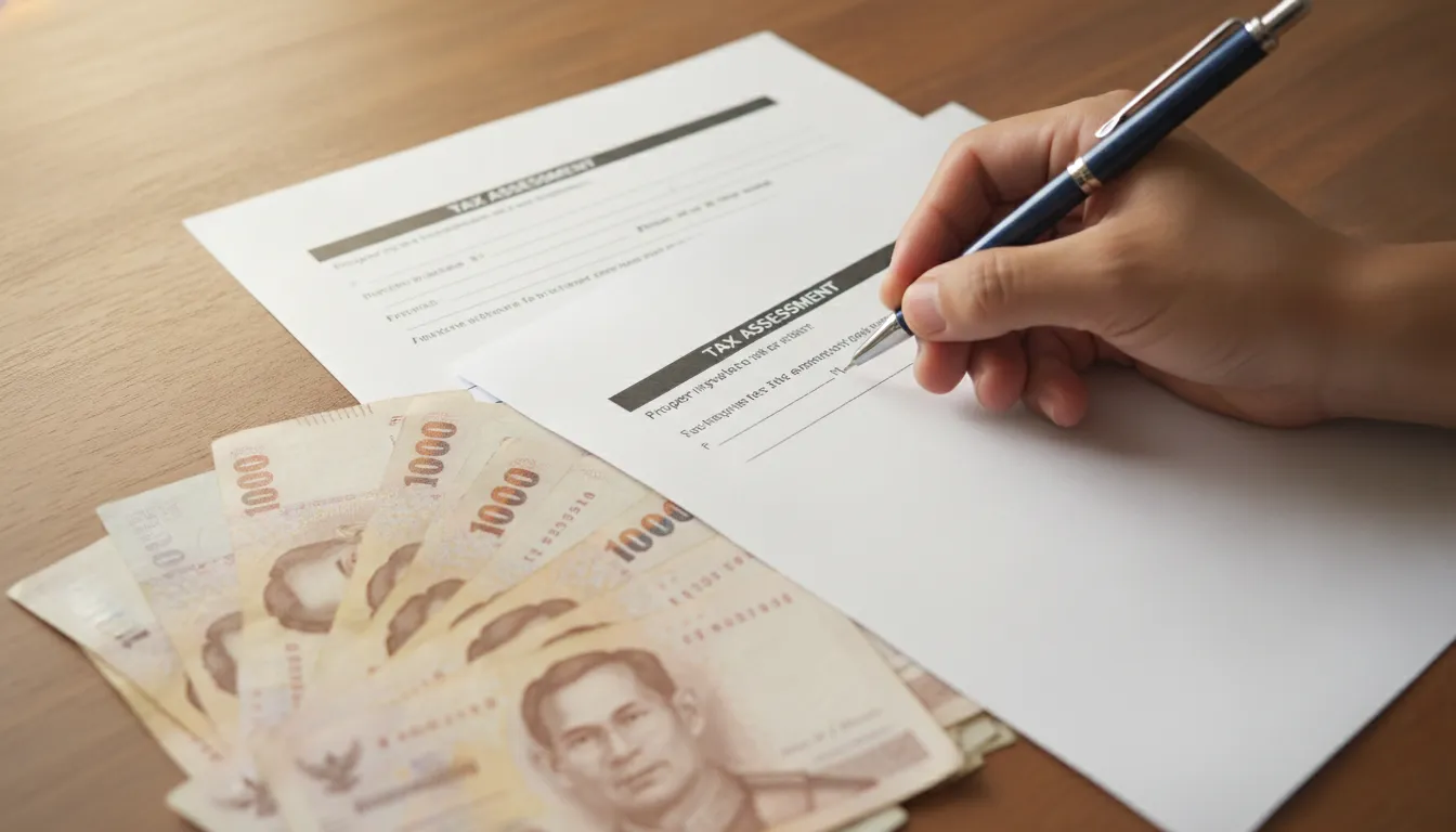 A hand holding a pen over Thai property tax forms with banknotes visible.