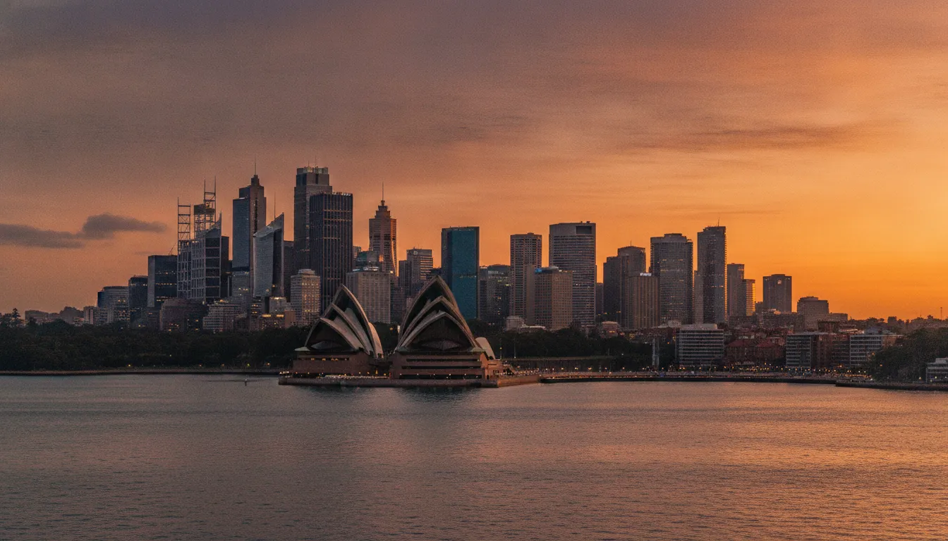 Sydney skyline at sunset with the Opera House