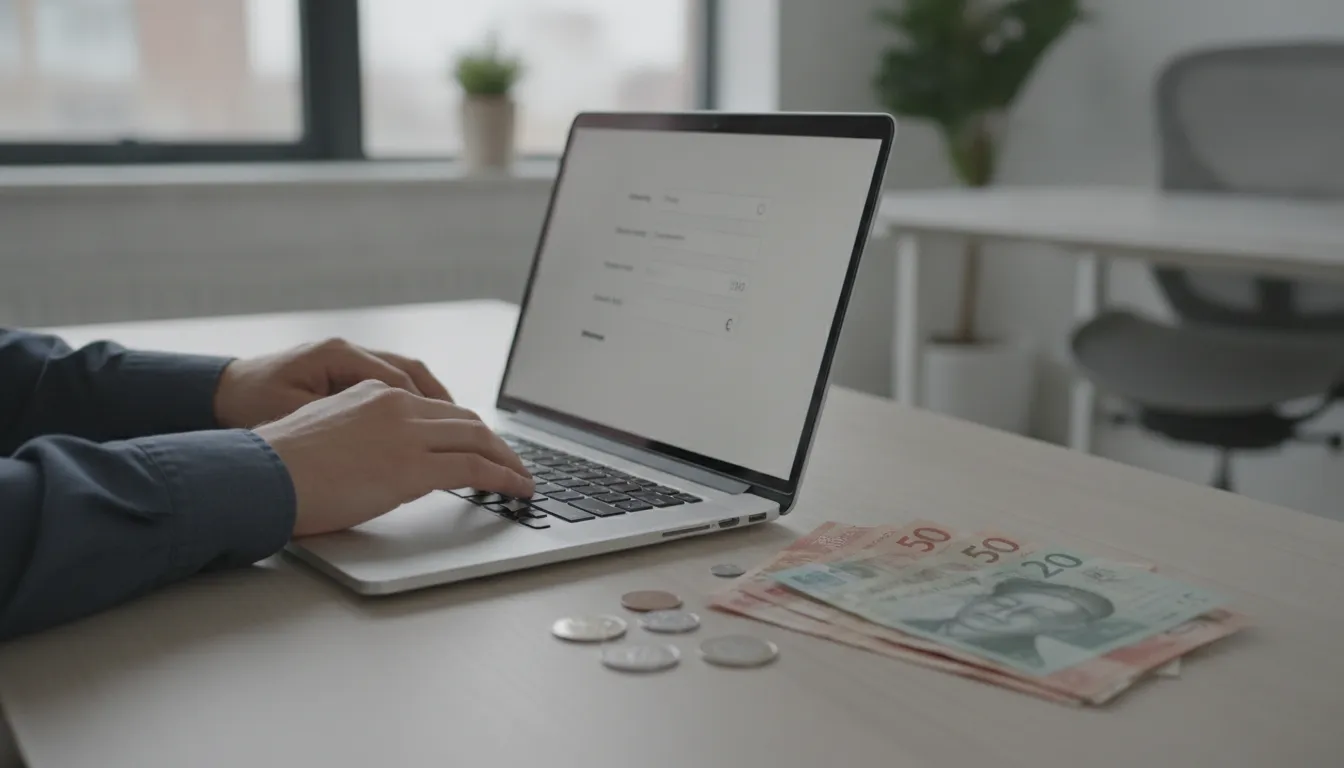 Hands typing figures into an online mortgage affordability calculator on a laptop.