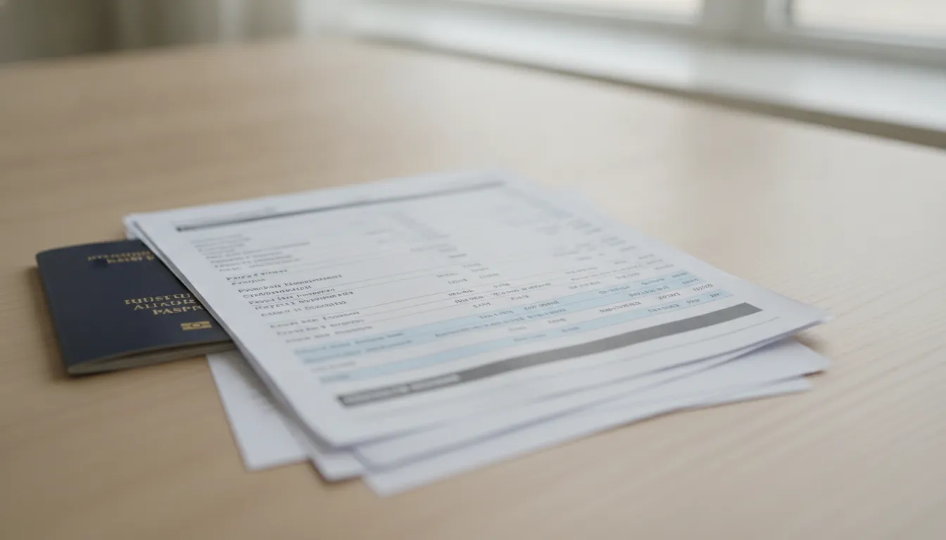Passport, payslips, and bank statements neatly stacked on a table.