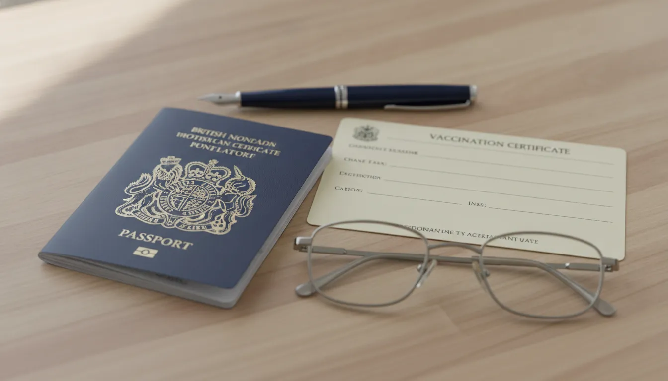 Close-up of a valid British passport next to a Meningitis ACWY vaccination certificate.