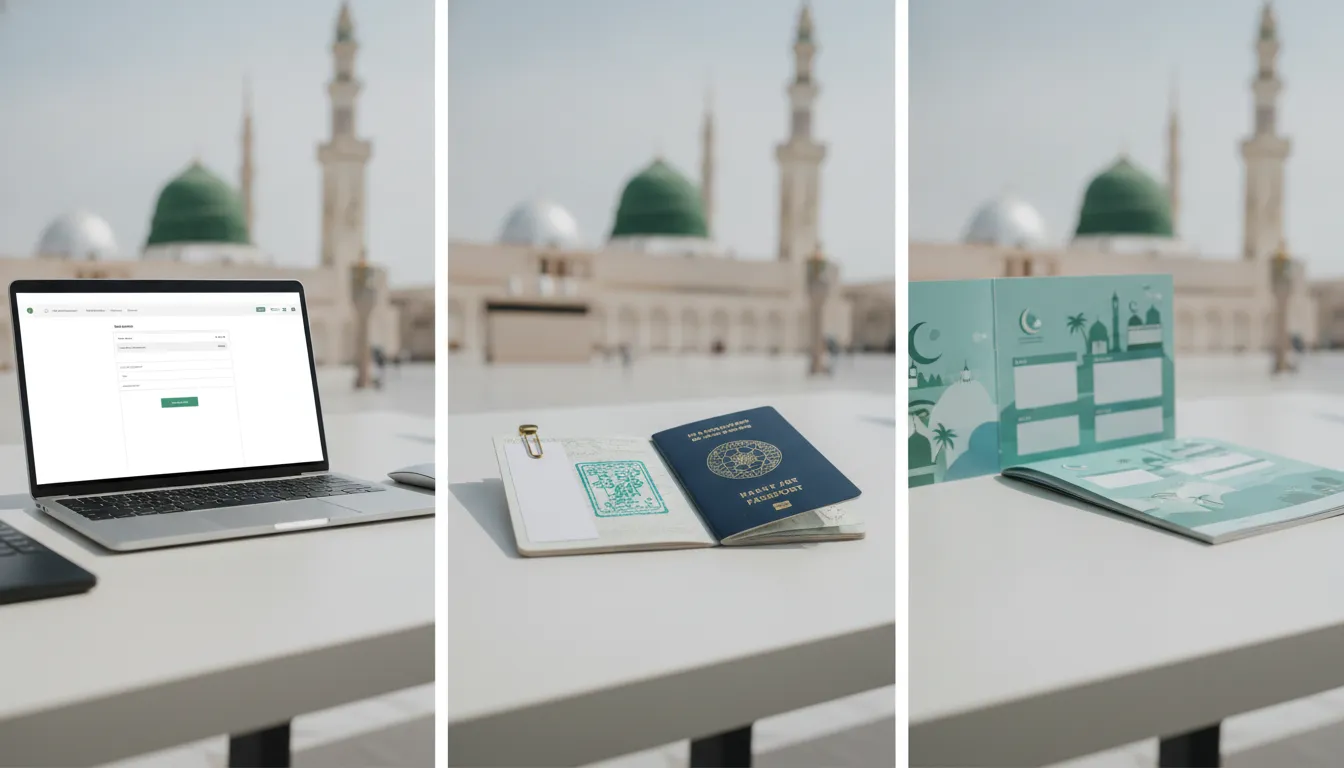 Visual representation of the Saudi eVisa, dedicated Umrah visa, and visa on arrival options for UK travellers.