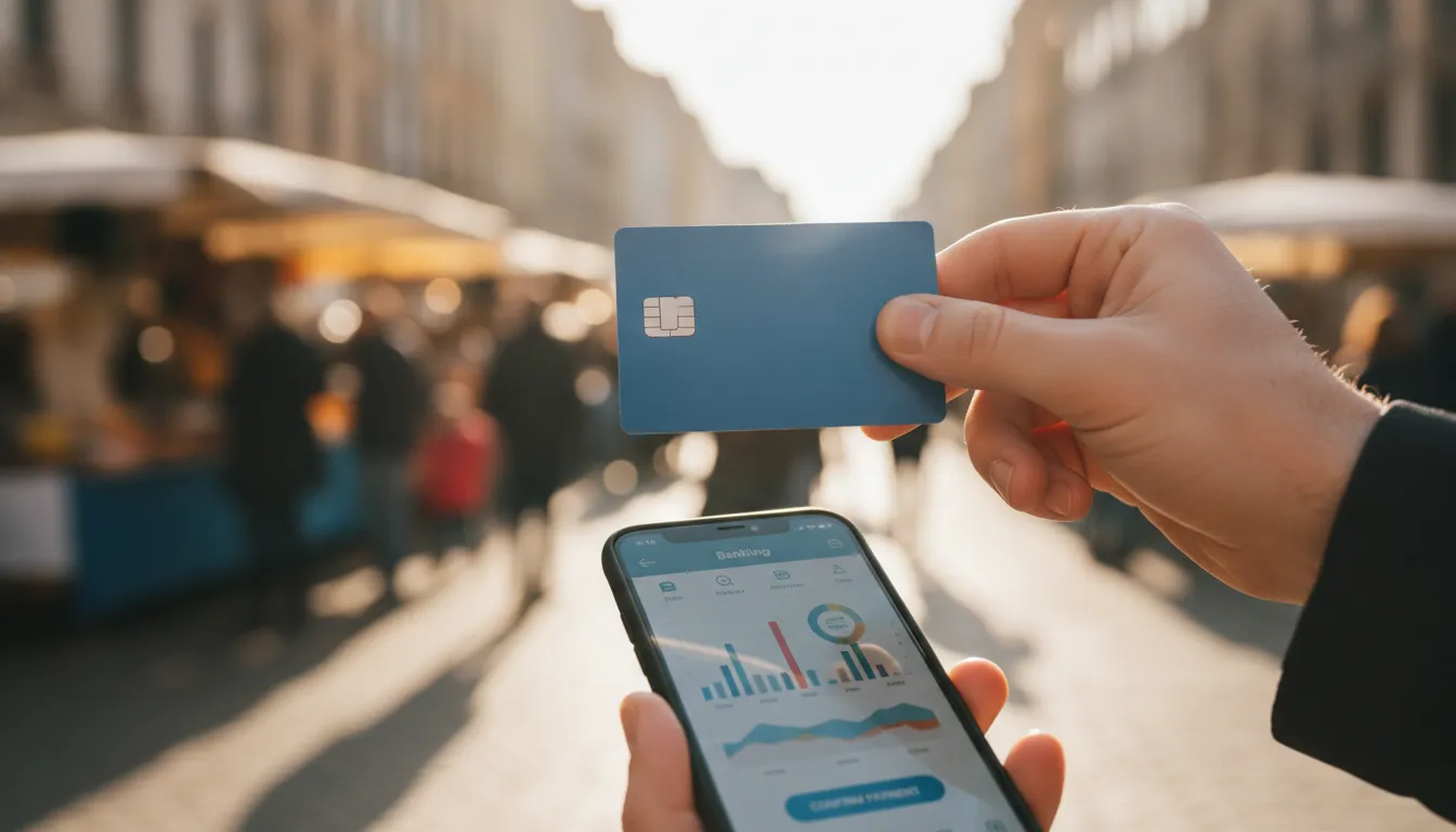 A hand holding a credit card over a phone displaying a mobile banking app with a breakdown of international transaction fees, set against a blurred background of a lively foreign market.