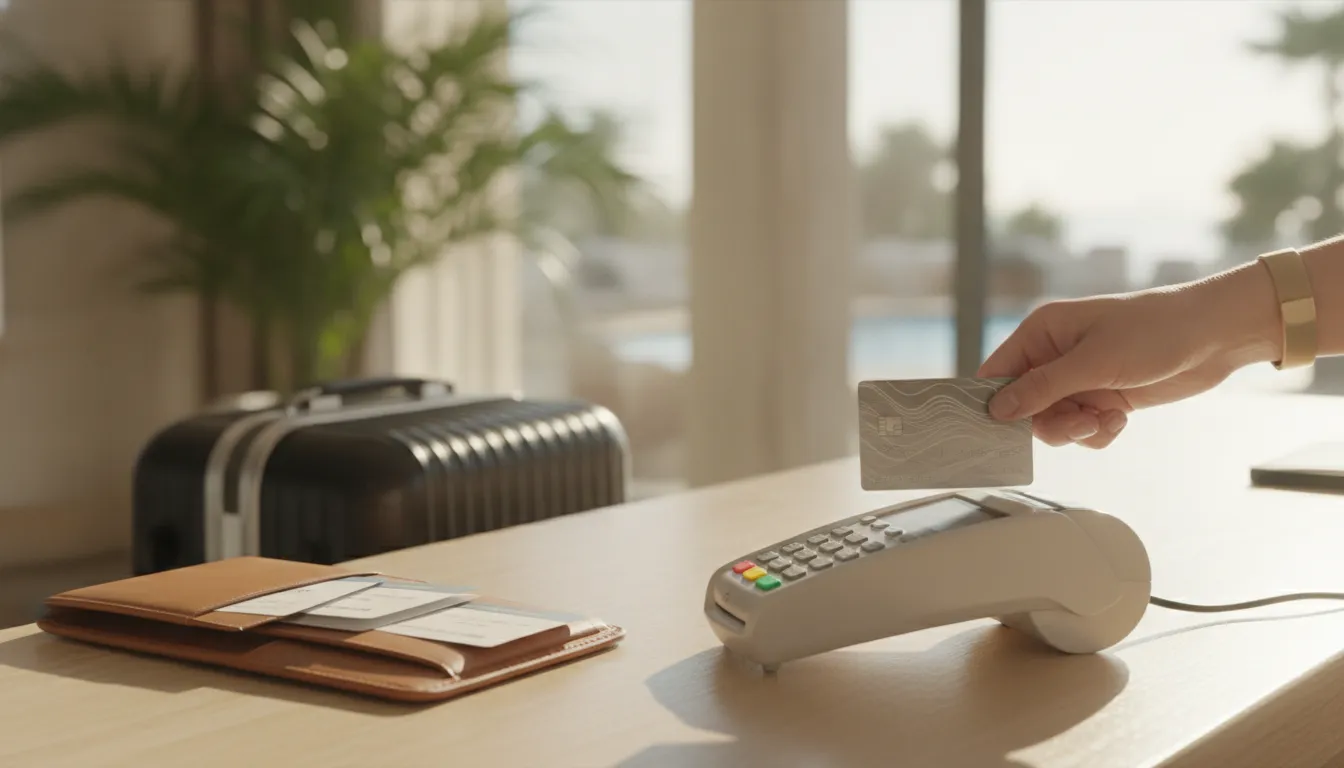 A traveler swiping a credit card at a hotel check-in counter in a vibrant vacation spot, with their luggage and passport visible on the counter.