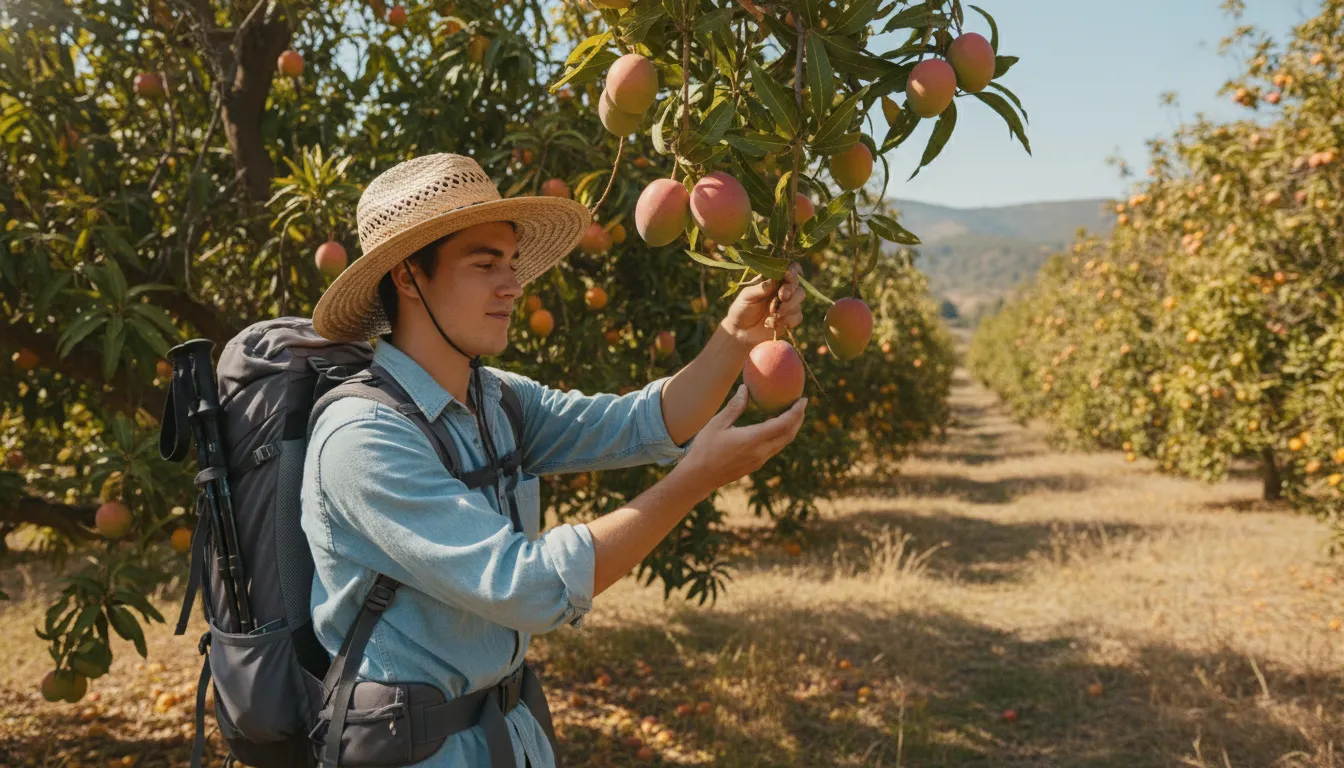 A young person picking apples in a large, sunny fruit orchard.