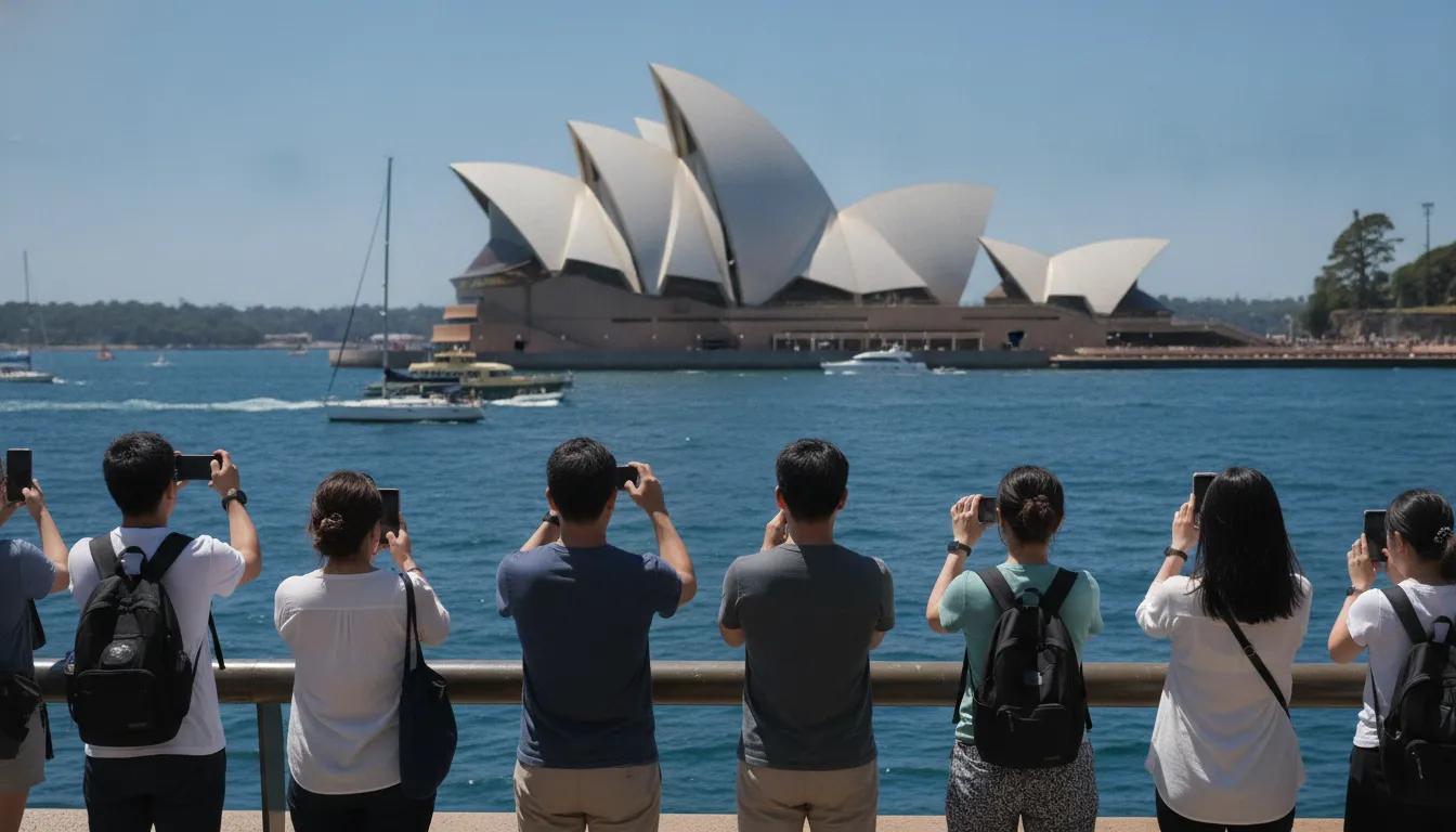 The Sydney Opera House on a sunny day with people walking around and boats in the water.