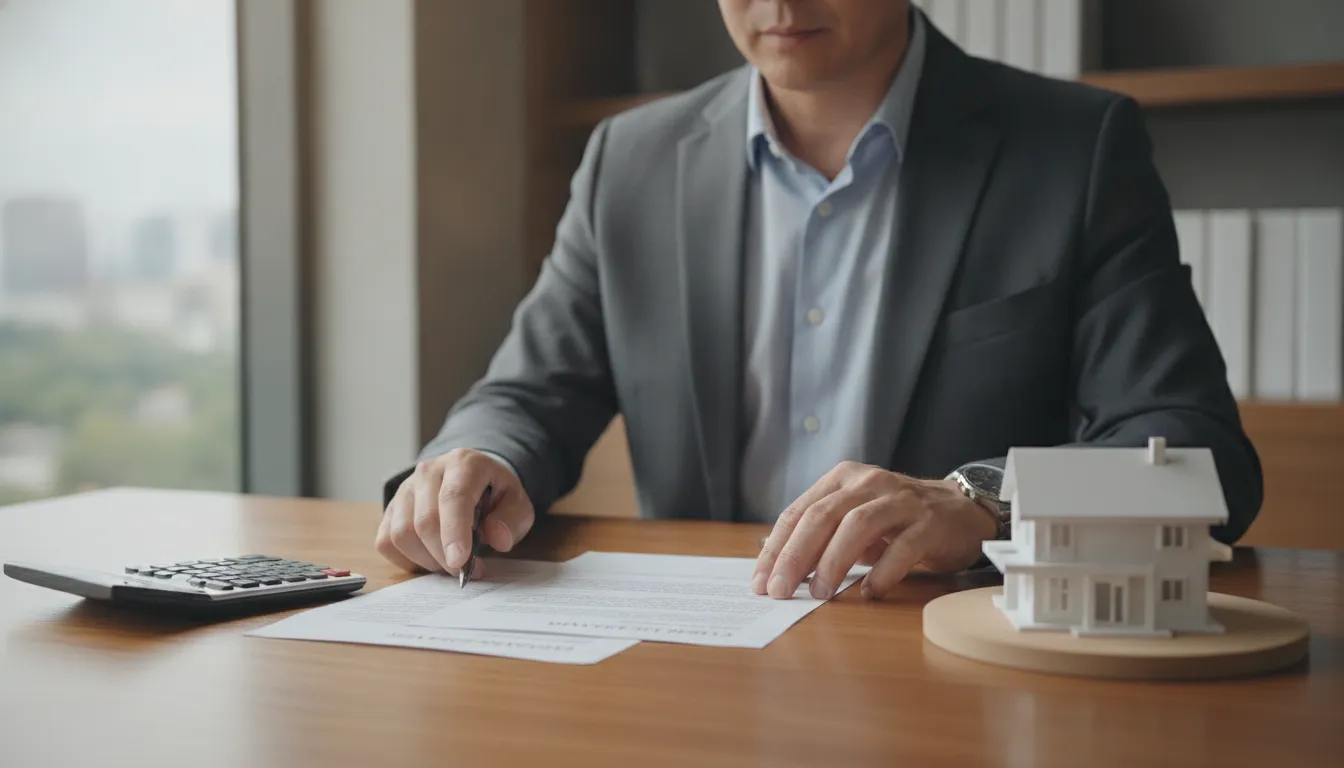 Close-up of hands reviewing legal documents and a calculator, representing the financial aspects of conveyancing in Australia.