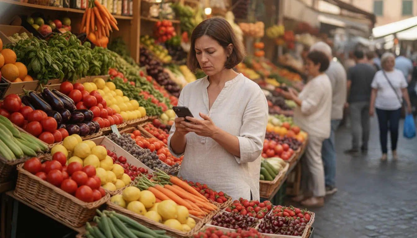 A hand holding a smartphone displaying a budget app, next to a table with Italian groceries.