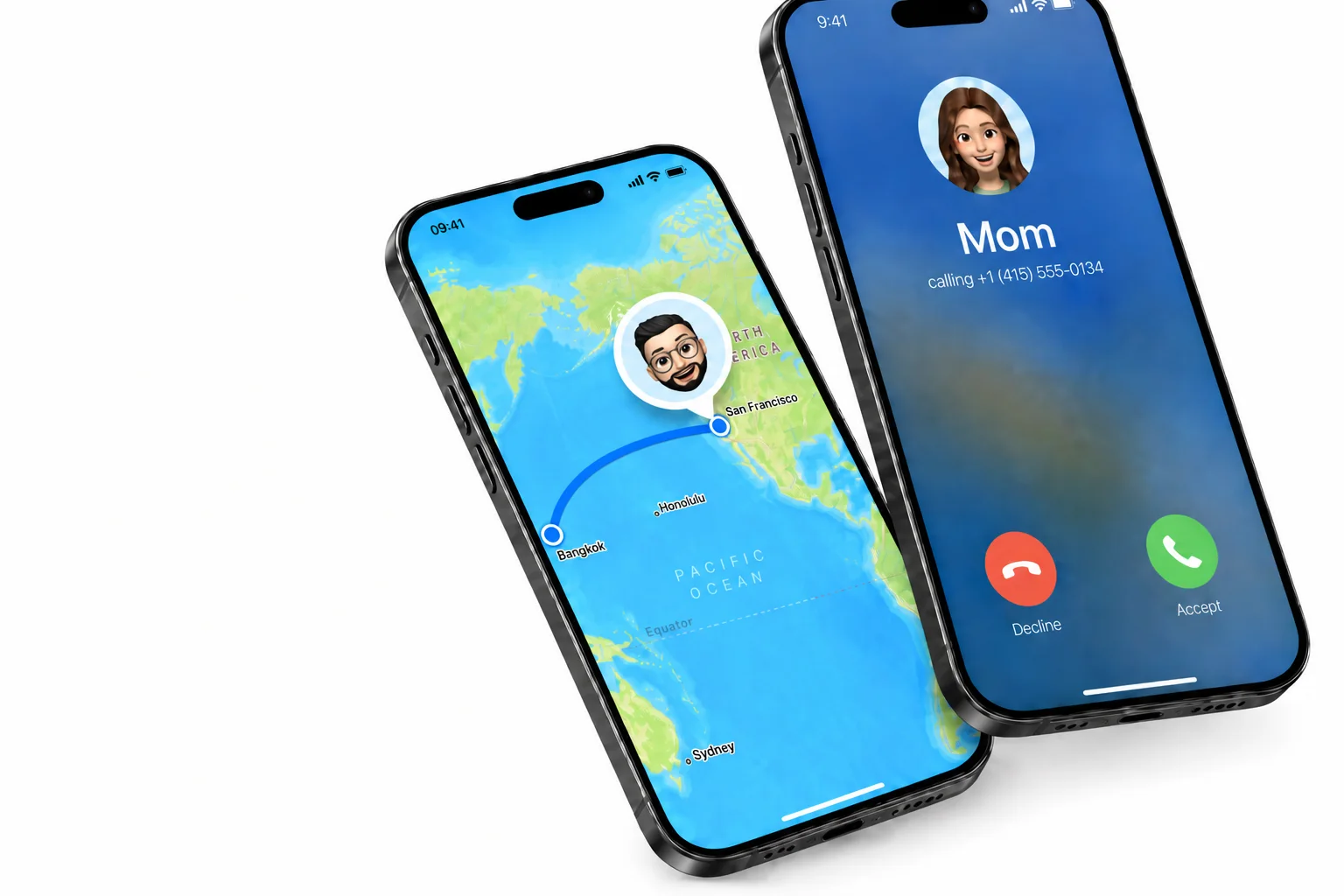 Incoming call from Mom ringing on one phone while another shows the number's route from San Francisco to Bangkok on a world map